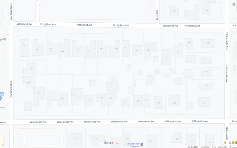 Google Map of W Highland/Michillinda/N Sunnyside Ave
